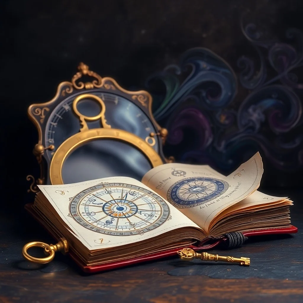 Antique brass telescope on a velvet-lined desk, surrounded by old parchment maps of constellations, a quill pen, and a half-written manuscript under soft light.