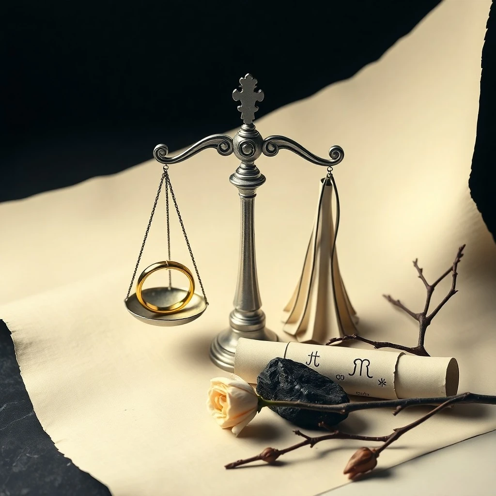 A delicate balance scale with a rose on one pan and a jagged dark stone on the other, suspended in an ethereal space. Digital art and watercolor style, suggesting equilibrium and opposition.