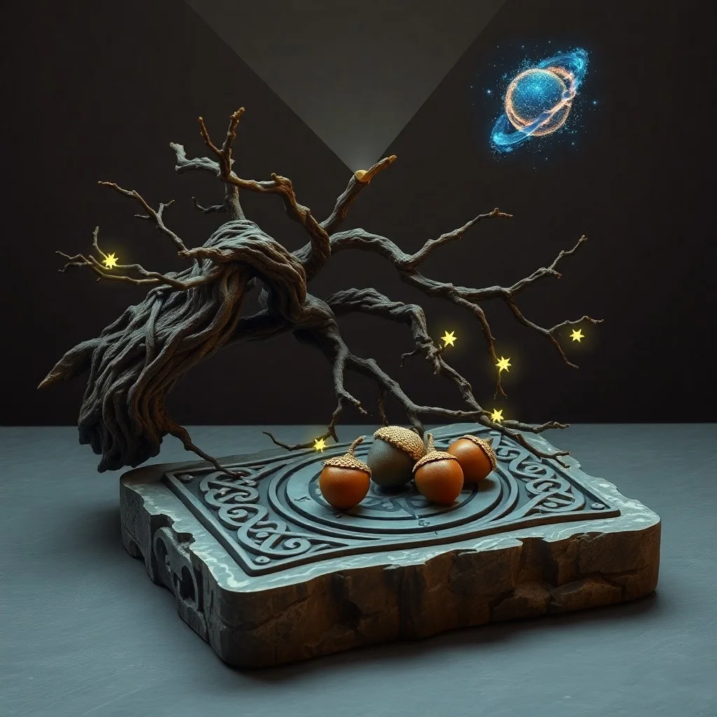 Pintura de acuarela de un conjunto de artefactos celtas antiguos: una bellota de roble tallada en madera, un pequeño amuleto de hoja de roble de bronce, y un pergamino con escritura ogham, todo sobre una losa de piedra musgosa, con una luz suave y etérea.