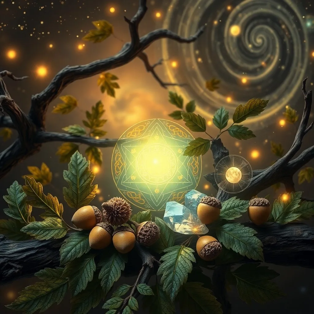 Arte conceptual de vidrieras que representan un majestuoso roble con raíces profundas y ramas entrelazadas que se extienden hacia el cielo, con un sol brillante detrás y un patrón geométrico celta sutilmente incorporado en los 'paneles' de vidrio, simbolizando longevidad y conexión espiritual.