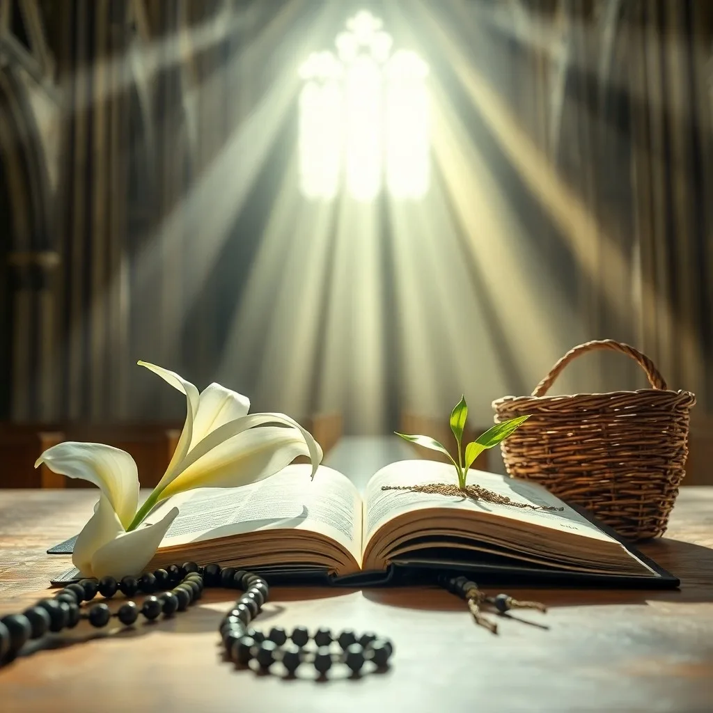 Rosario antiguo sobre un libro de oraciones, iluminado por la luz de una vela, evocando paz y meditación.