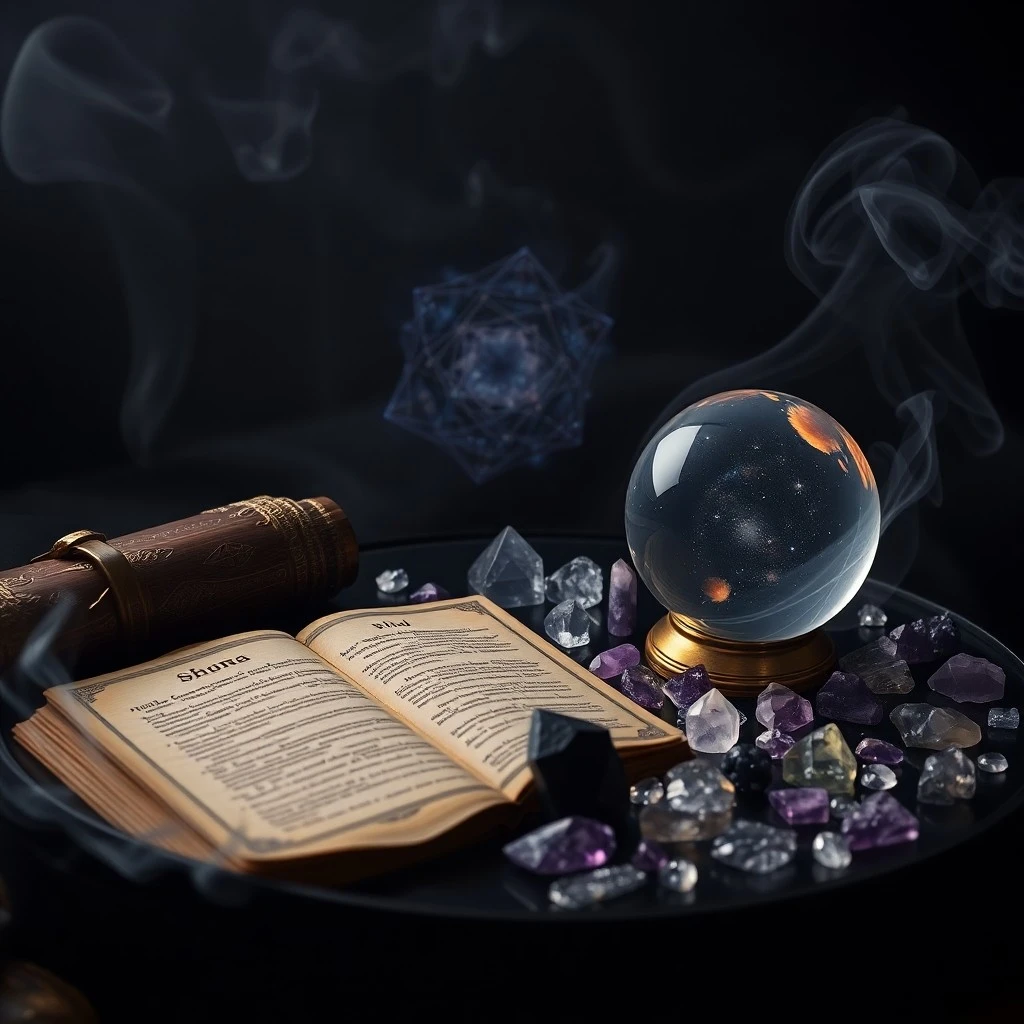 Vintage journal with handwritten goals, crystal ball, and lit candle