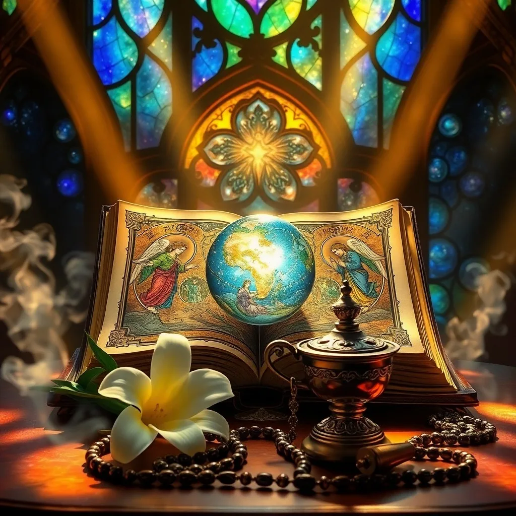 Manuscrito antiguo con símbolos celestiales y caligrafía, rodeado de orbes de luz.