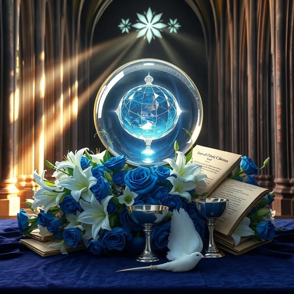 Formación de cristal majestuosa que alcanza un sol estilizado, con patrones de luz entrelazados.
