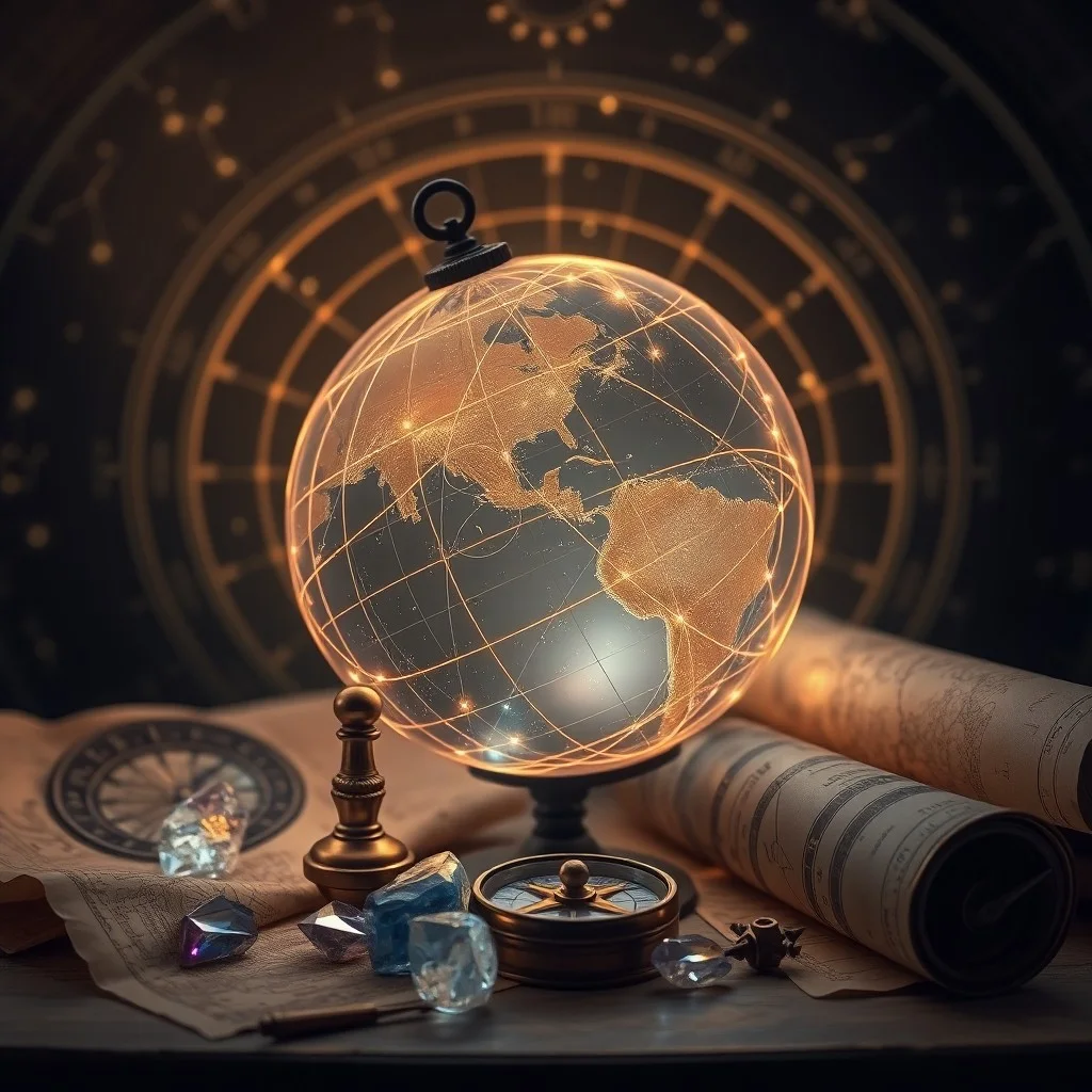 Atlas antiguo abierto con símbolos astrológicos y un telescopio, representando la búsqueda de conocimiento y destino