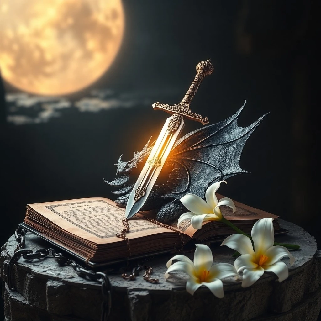 Bodegón cinematográfico de un libro antiguo de cuero abierto con un manuscrito iluminado de una batalla celestial, junto a una empuñadura de espada oxidada y una vela parpadeante en una mesa de madera oscura.