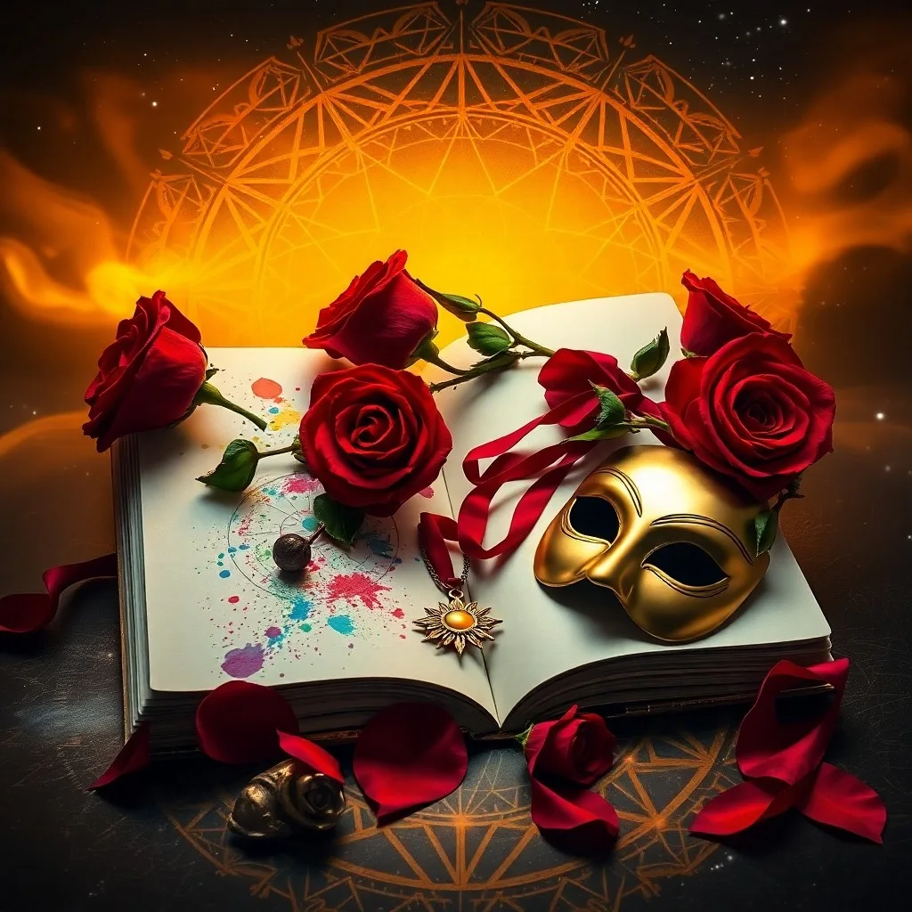Still-life photograph of a vintage wooden desk with an open journal, quill pen, scattered dried rose petals, and an antique locket, illuminated by soft candlelight.