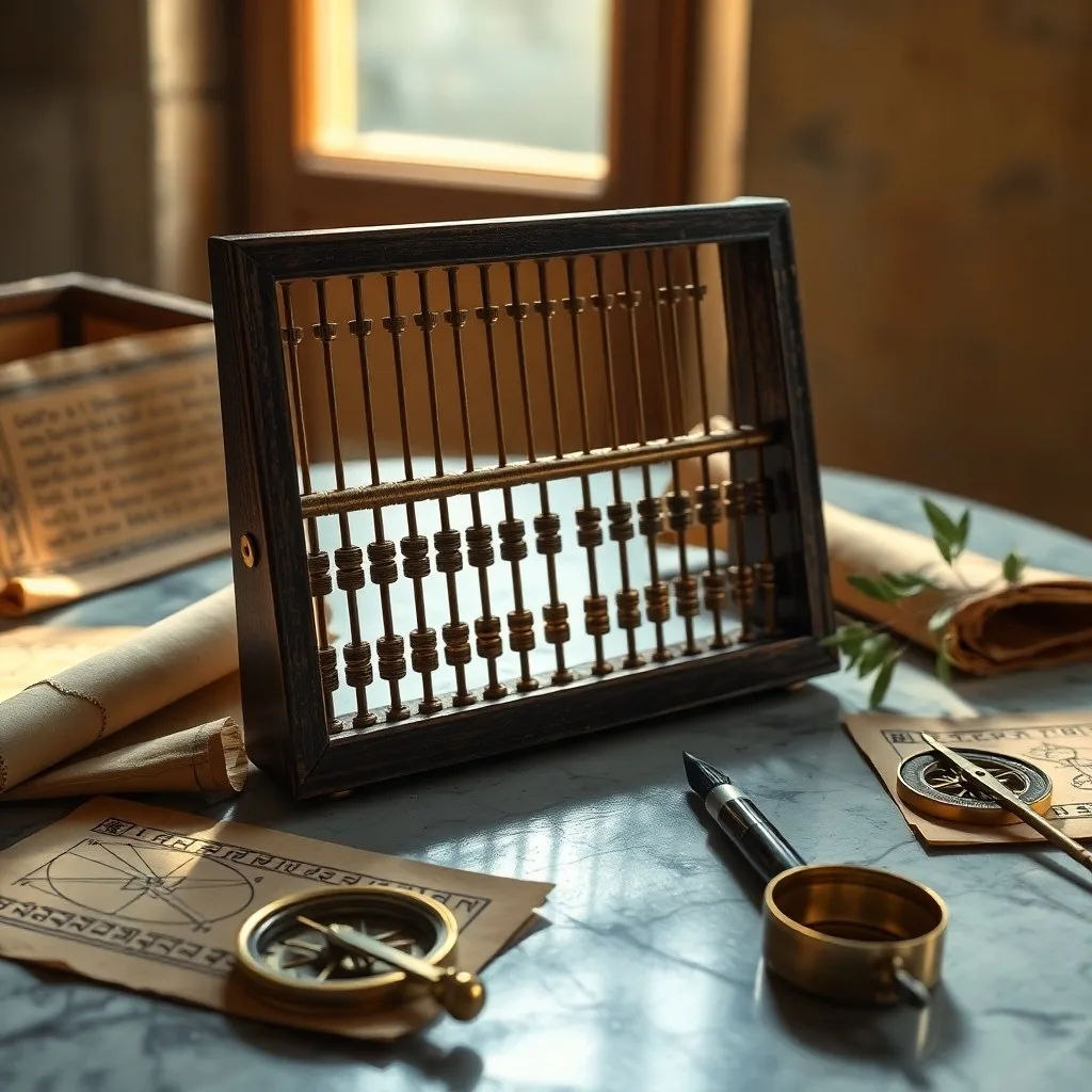 Fotografía macro de un tablero de conteo de madera desgastado con guijarros, papiros con diagramas geométricos y un estilete, bajo una luz que entra por una ventana.