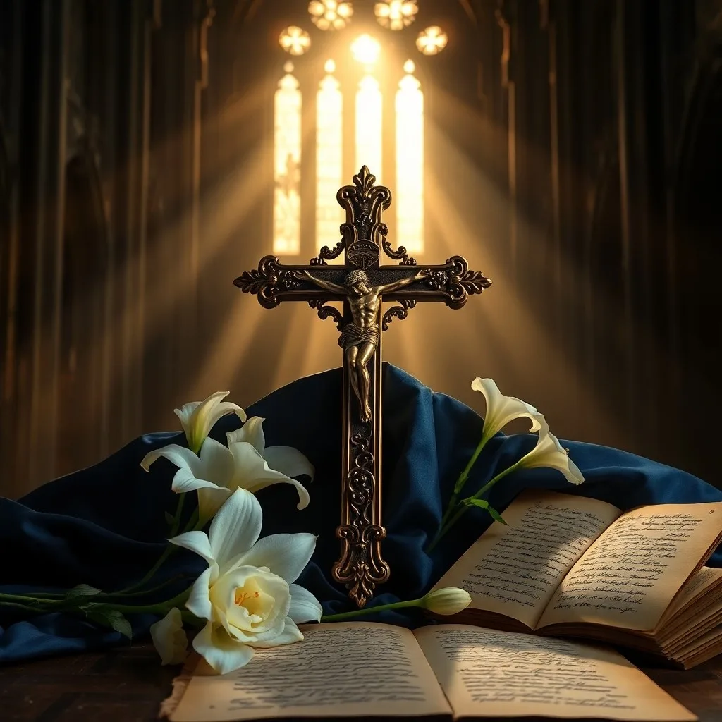 Representación conceptual en 3D de pergaminos antiguos y un rosario desgastado entrelazados alrededor de una pequeña cruz de madera intrincadamente tallada, sobre un paño de terciopelo. La luz suave y difusa ilumina las texturas, destacando la historia y la devoción.