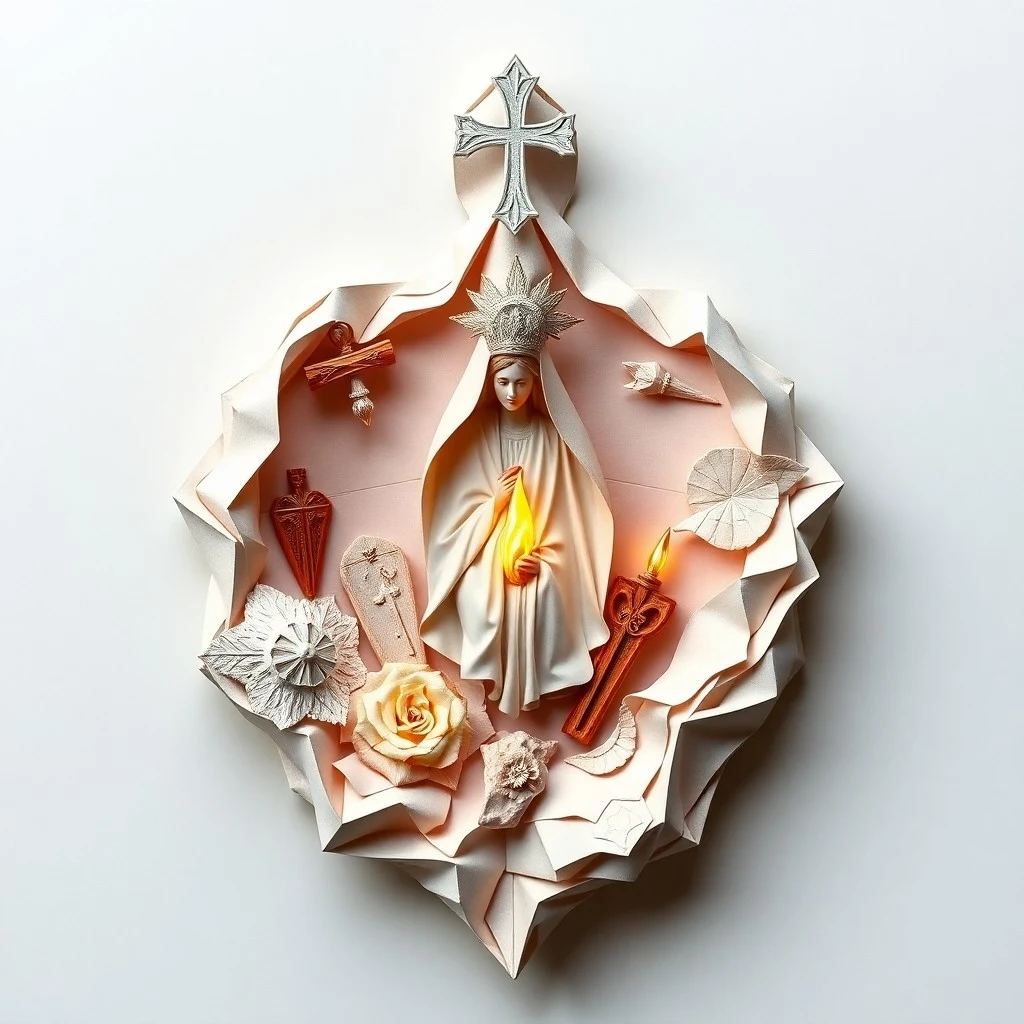 Crucifijo de madera antigua con una rosa roja fresca, sobre un libro de oraciones gastado, con luz tenue y fondo de piedra.