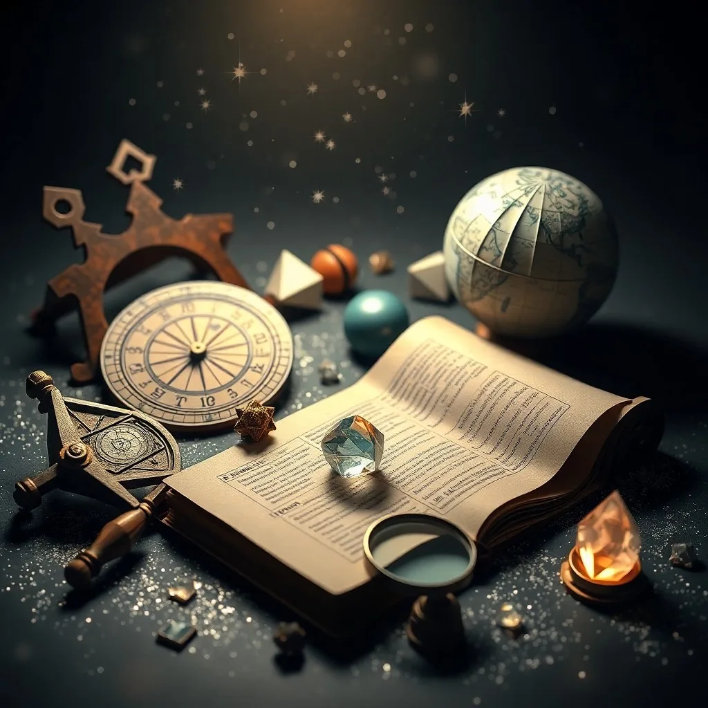 Fotografía de naturaleza muerta de un antiguo telescopio de latón apuntando hacia un mapa estelar sobre un escritorio de madera. Un libro abierto encuadernado en cuero con símbolos astrológicos, una pluma de ave y una vela parpadeante. Luz suave y cálida. Sin presencia humana.