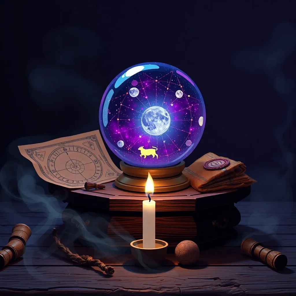 Still life photo of a crystal ball and a bowl of dark water on an antique table, lit by candlelight.