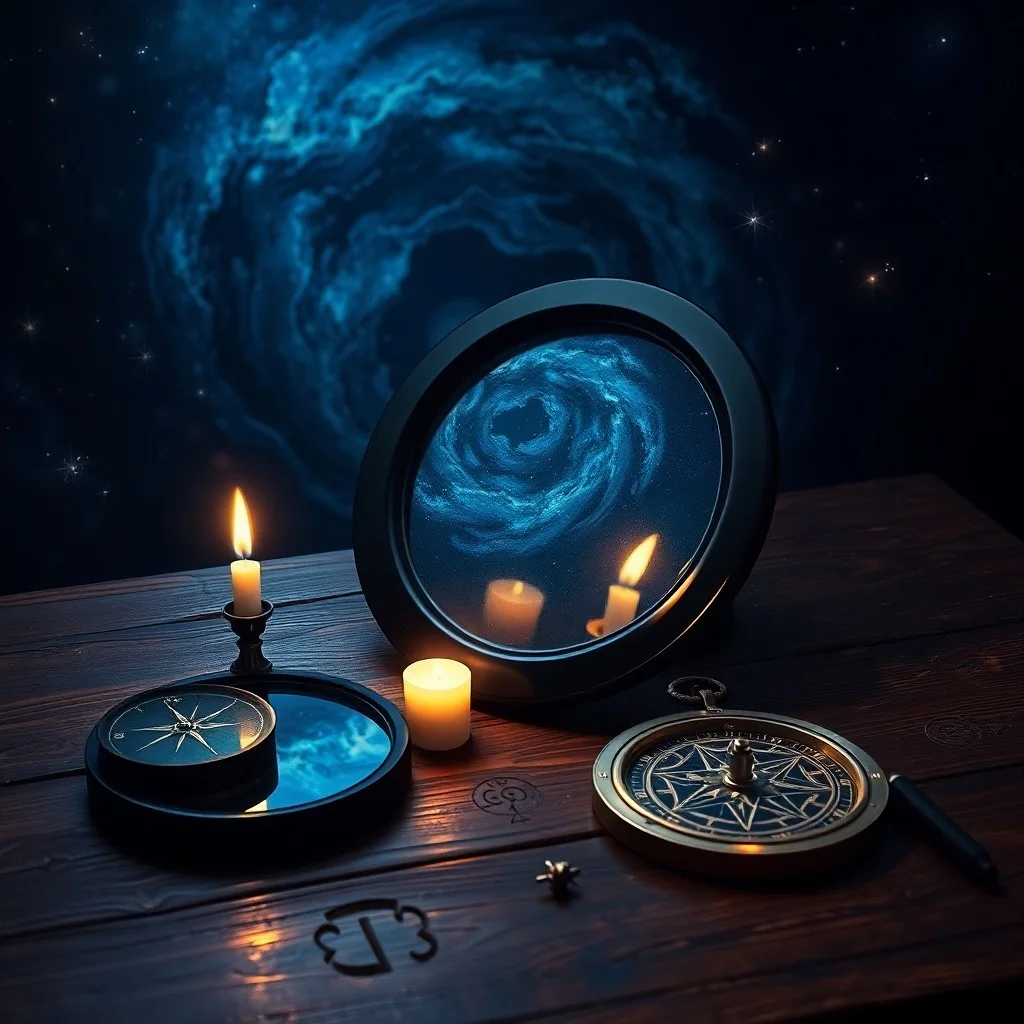 Gothic oil painting of a darkened scrying mirror surrounded by flickering candles and ancient texts.