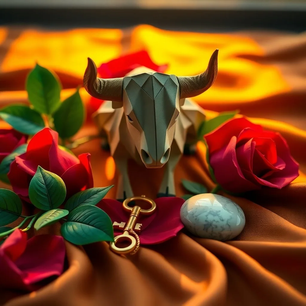 An oil painting of a ceramic bowl with ripe fruits, a silver coin, and pottery, symbolizing Taurus's appreciation for abundance and craftsmanship.