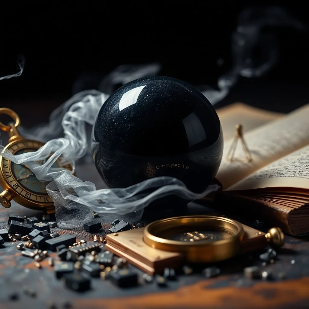 Telescopio de latón vintage sobre cartas celestes antiguas, con una esfera de obsidiana reflejando estrellas.