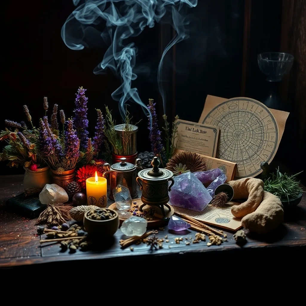 Fotografía vintage de un antiguo grimorio abierto sobre una mesa de madera, mostrando ilustraciones botánicas y cartas astrológicas, rodeado de hierbas secas y cristales.