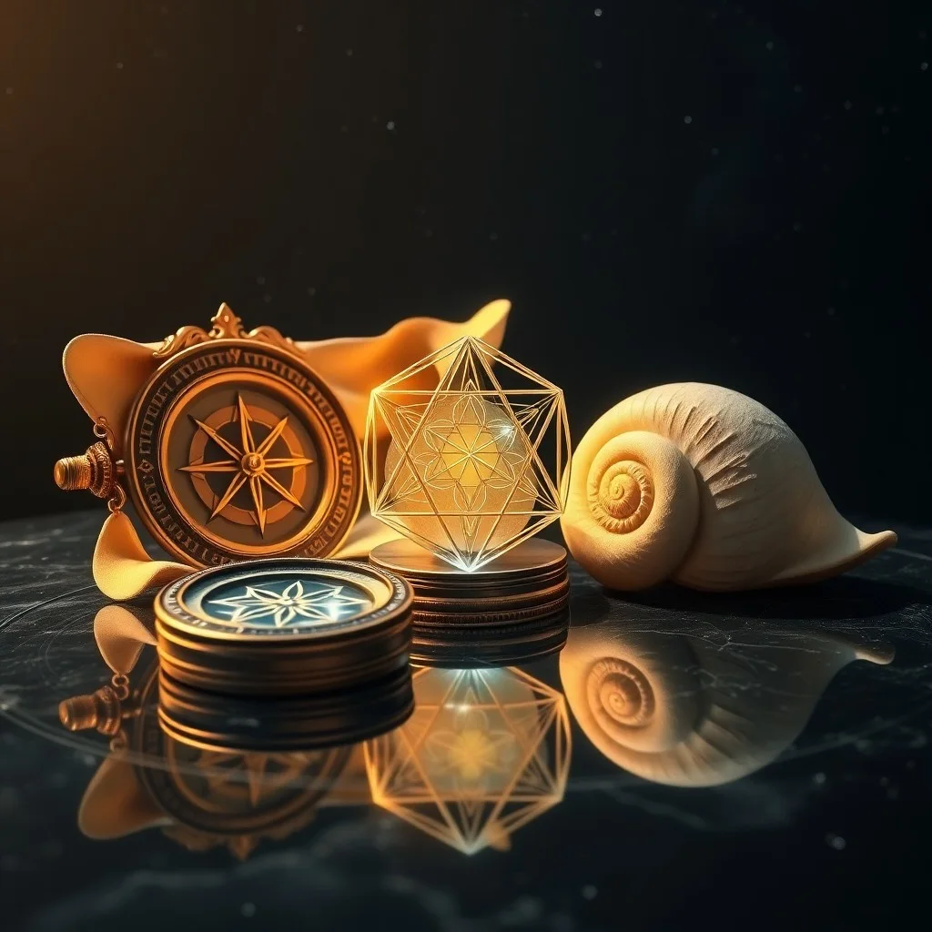Cinematic still life of an ancient compass, brass ruler, parchment scroll with Fibonacci spiral, and a seashell, illuminated by golden light, symbolizing mathematical harmony and timeless discovery.