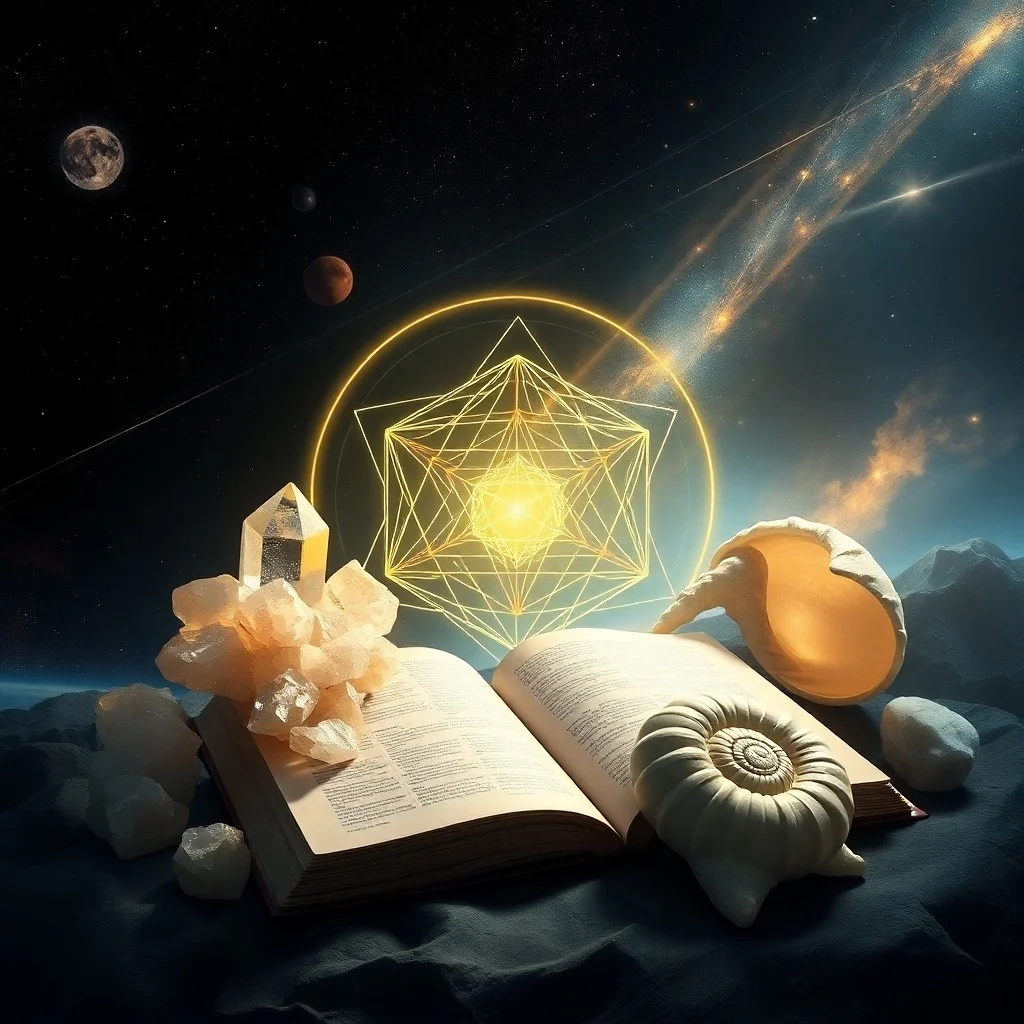 Watercolor painting of a mountain landscape reflected in a lake, subtly overlaid with translucent outlines of a Vesica Piscis and Seed of Life pattern, blending natural beauty with cosmic geometry.