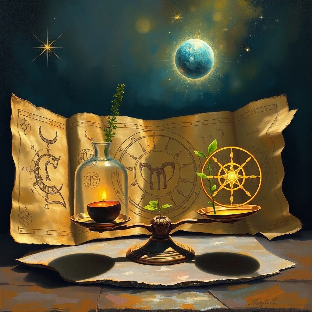 Una balanza finamente equilibrada, con una semilla cósmica brillante en un lado (karma) y una flor de loto en flor en el otro (dharma). Iluminación mística, tonos morados y verdes, estilo pintura al óleo.