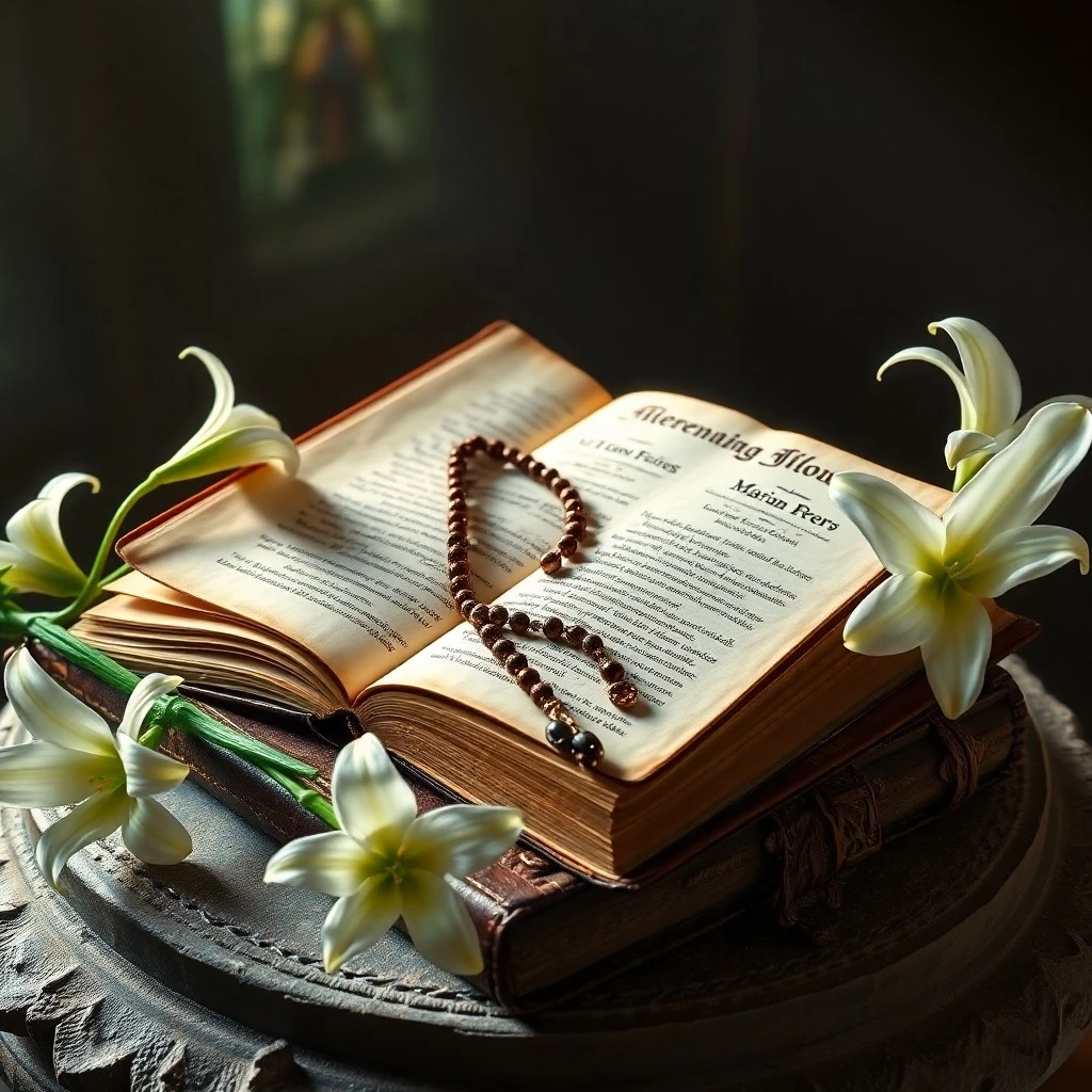 Fotografía vintage de textos teológicos antiguos y pergaminos, iluminados por una vela, con un rosario de madera sobre un libro abierto en una biblioteca monástica.