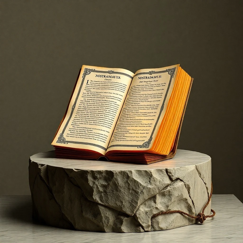 Un libro antiguo de cuero con símbolos crípticos y cartas astronómicas abierto sobre un escritorio rústico, iluminado por la luz de una vela. Un primer plano macro que revela detalles intrincados.