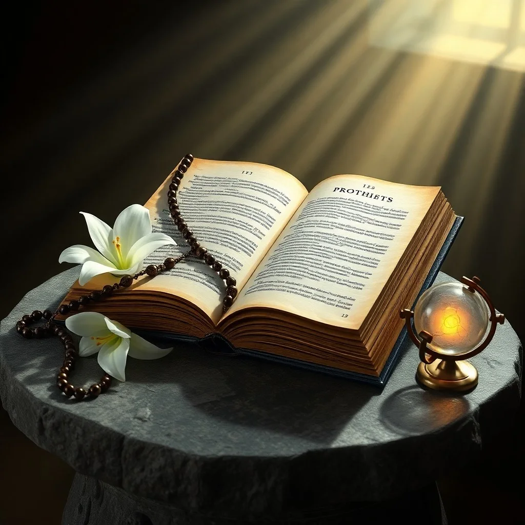 Fotografía de bodegón de una antigua Biblia de cuero abierta, un rosario desgastado y una vela votiva parpadeante sobre una mesa de madera rústica, con luz etérea.