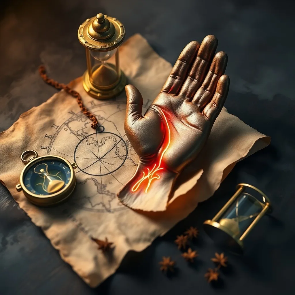 Macro photography of ancient parchment scrolls, a compass, and a carved wooden hand, symbolizing ancient wisdom and guidance in palmistry.