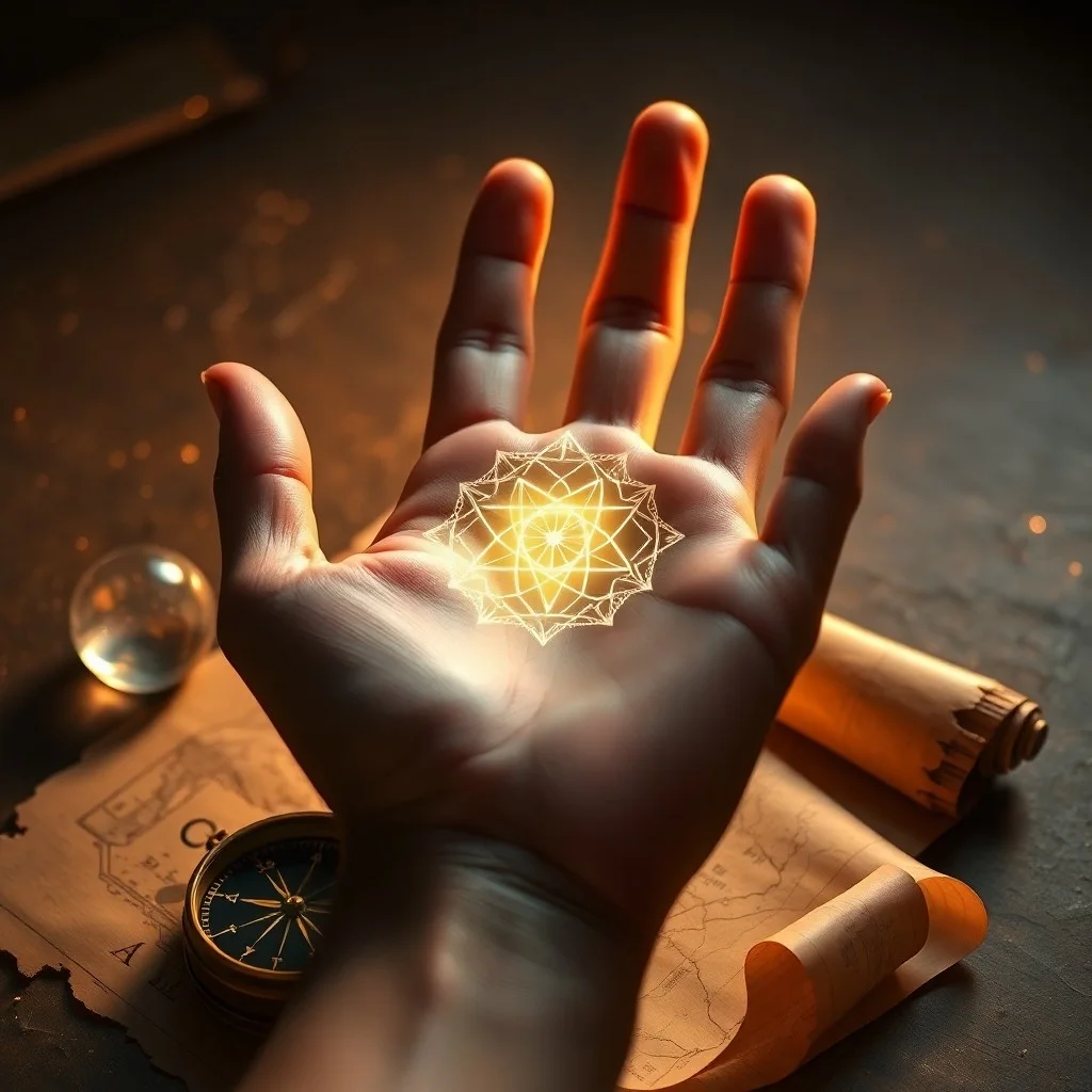 Isometric 3D render of a golden light path winding through a dark, geometric landscape with glowing symbols, representing destiny and life's journey.