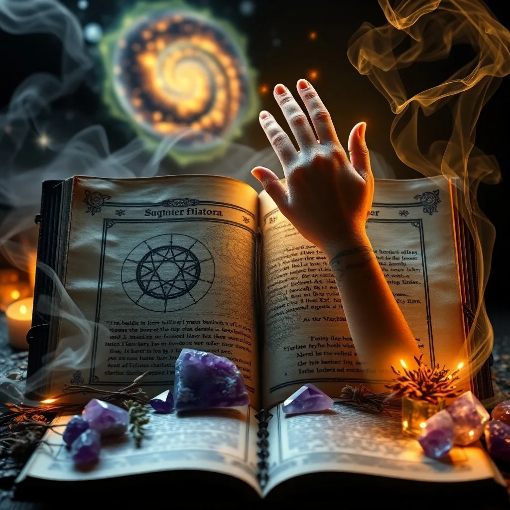 Un diario antiguo abierto con símbolos esotéricos y un cristal brillante, iluminado por la luz de una vela, evocando la creación mágica.