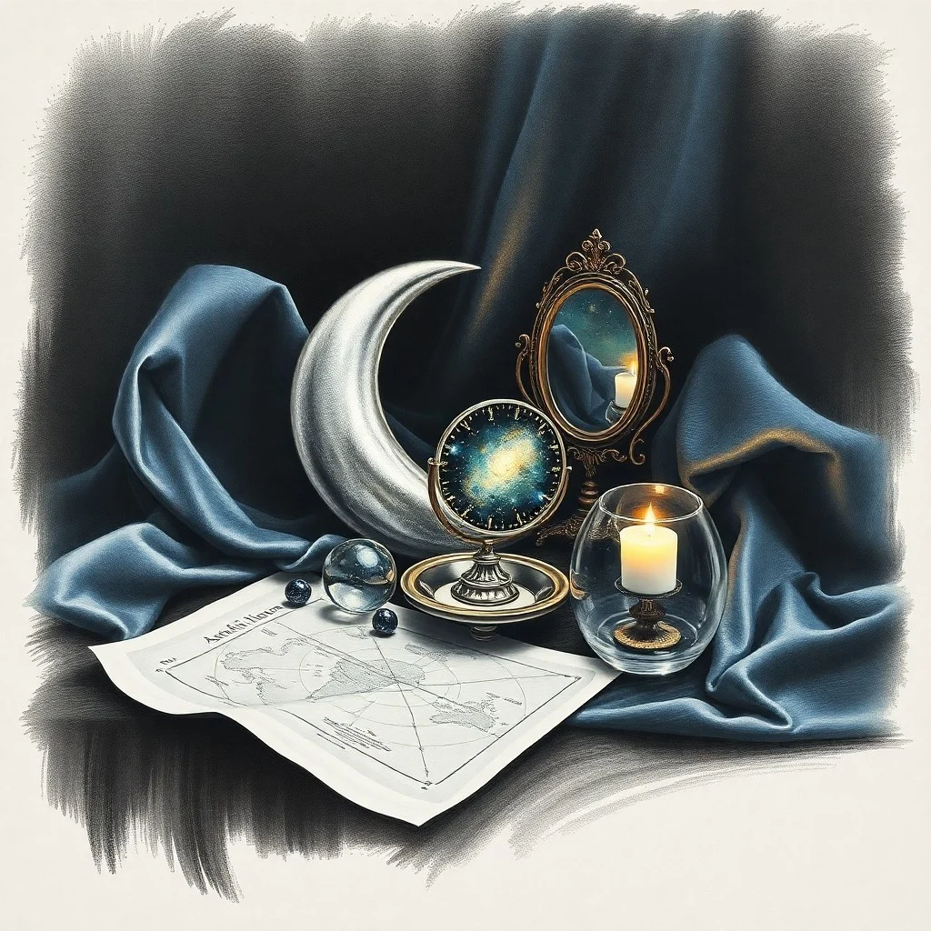 An antique compass with a nebula instead of a needle, surrounded by abstract tarot cards and a crystal, symbolizing intuitive guidance and subconscious pathways.