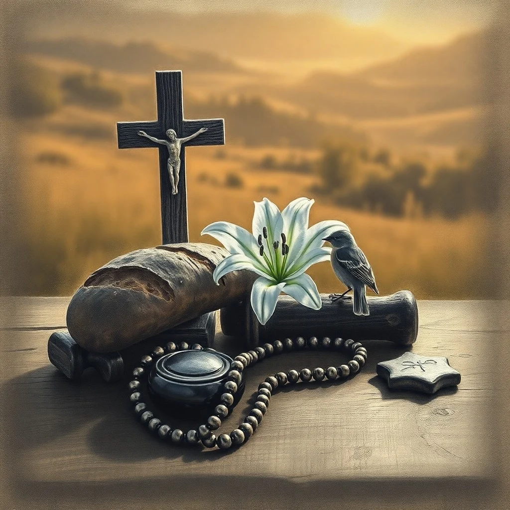 Ilustración acuarela de un paisaje sereno con una pequeña ermita entre árboles y un arroyo, evocando paz y conexión espiritual con la naturaleza.