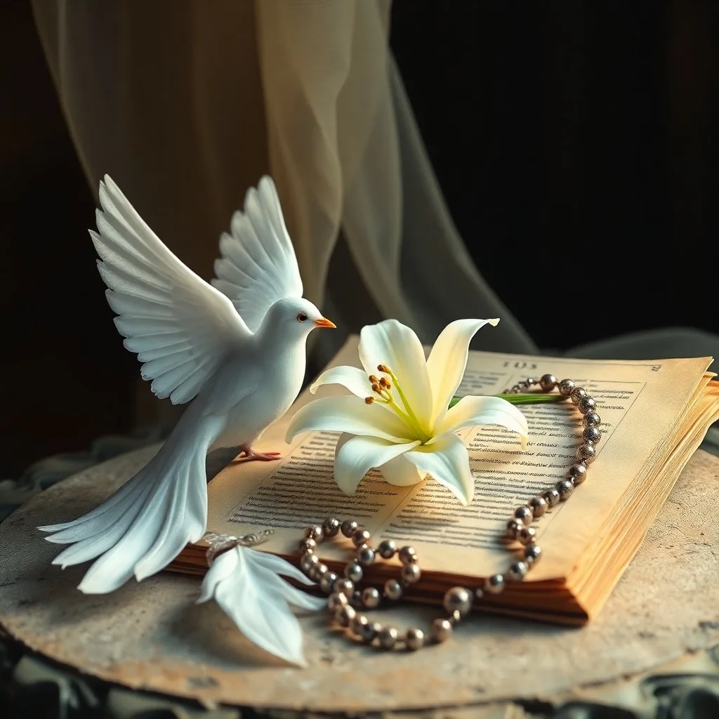 Una delicada pluma reposando sobre un antiguo libro abierto, iluminada por un resplandor milagroso y suave, sobre una mesa de madera, fotografía en estilo claroscuro.