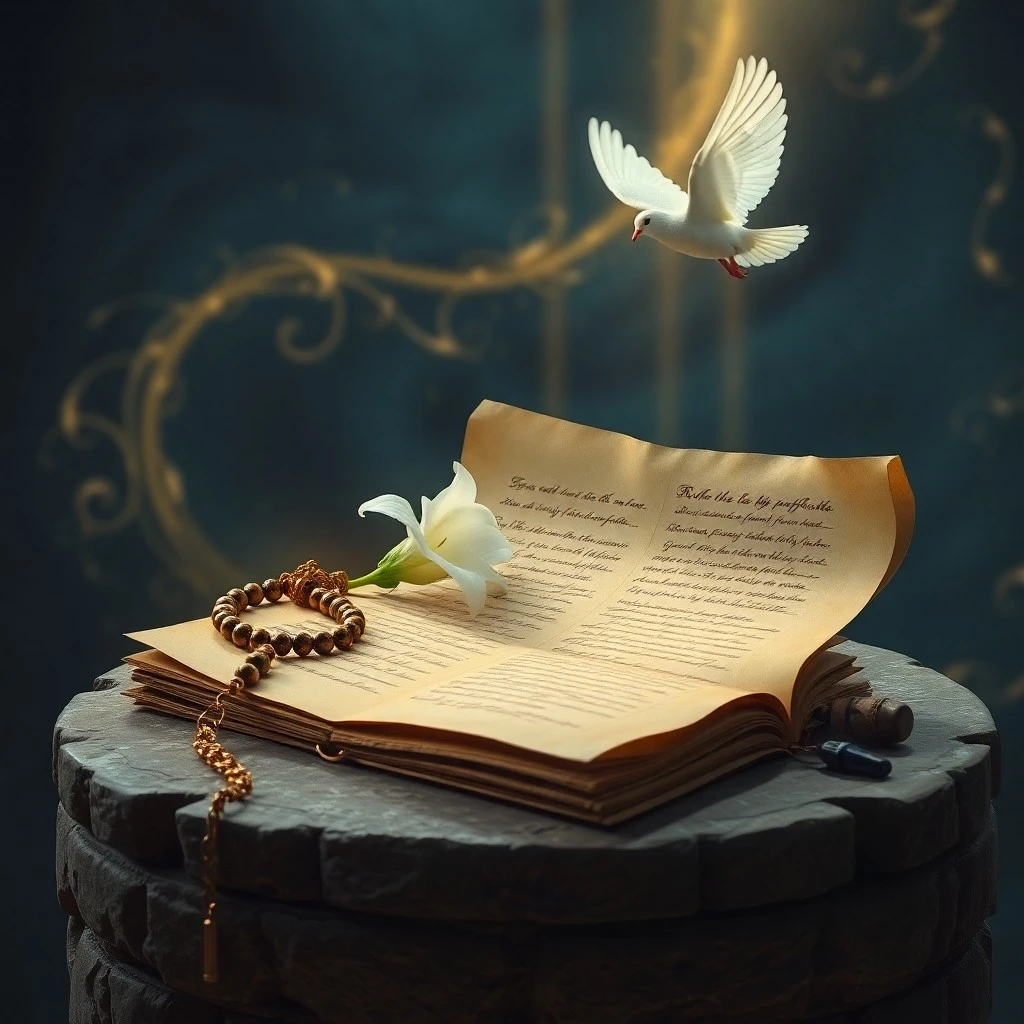 Un antiguo libro de oraciones abierto sobre un altar de madera, con un rosario y una vela encendida, simbolizando la fe y la devoción.