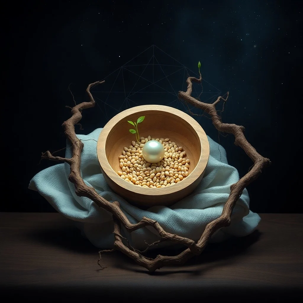 Cinematic still life photography of ancient clay pottery filled with a bounty of grains and fruits, placed on a rough-hewn wooden table under soft, warm light. A delicate, interwoven thread connects the items, symbolizing relationship dynamics.