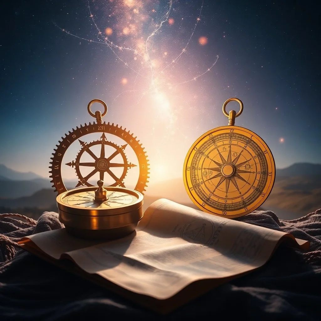 Antique compass and weathered map with glowing thread on astrological text
