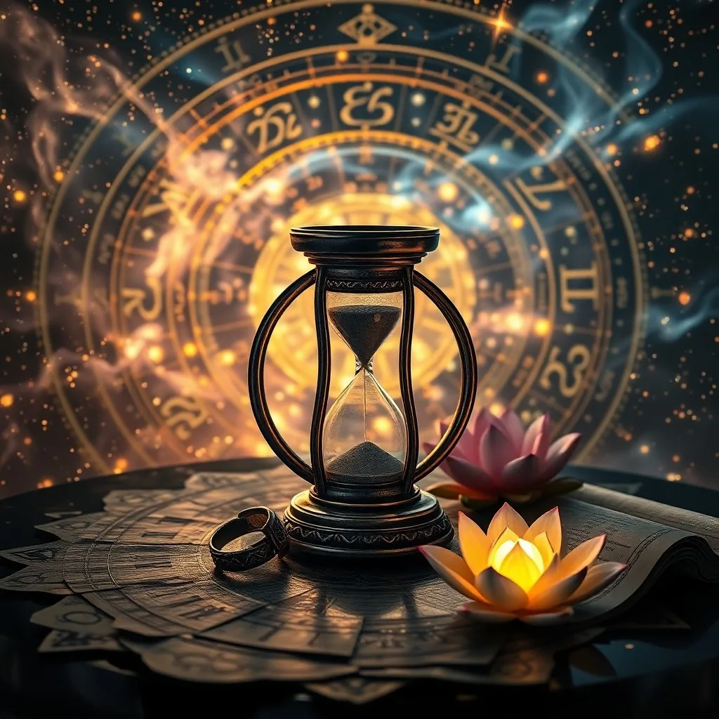 Libro de astrología abierto con carta de sinastría, rodeado de monedas antiguas y un reloj de arena, iluminado por una vela.