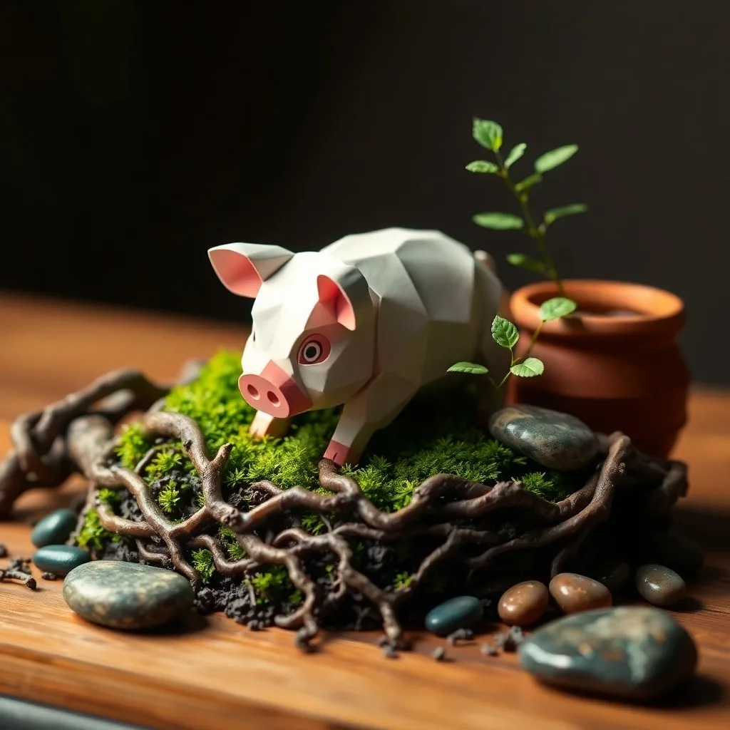 Fotografía de bodegón de una figura de jade de cerdo, pergaminos antiguos, piedras de río y una planta, simbolizando la practicidad y el valor duradero.