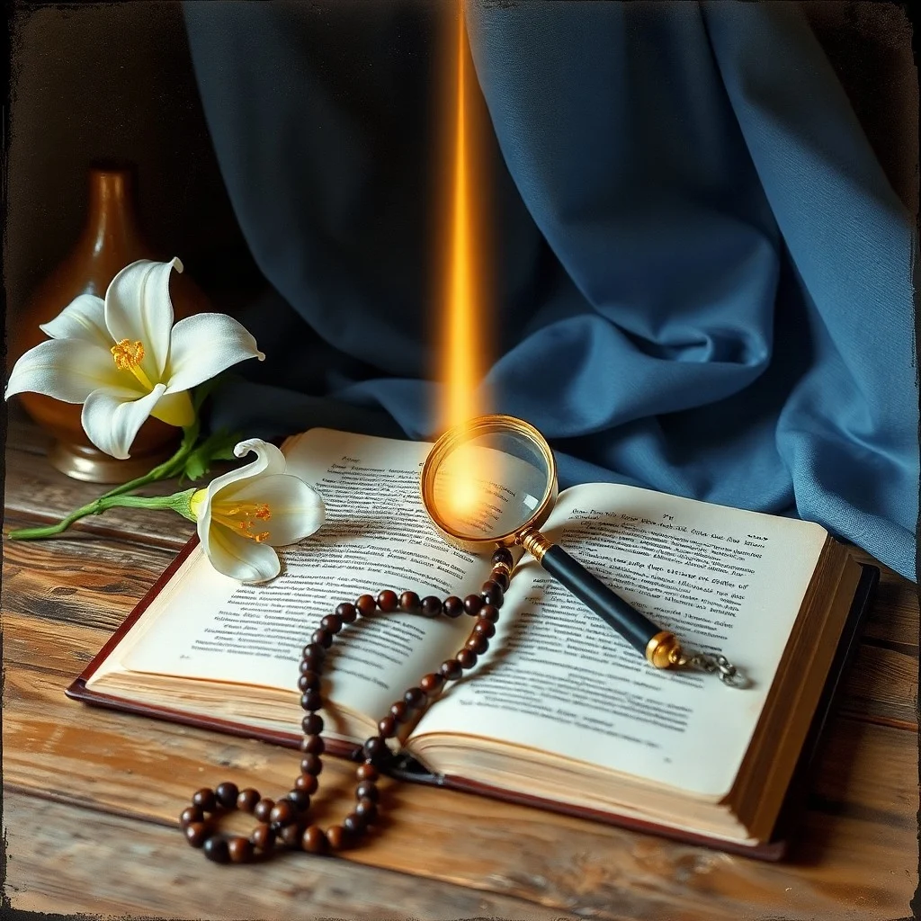 Rosario antiguo y Biblia abierta sobre una mesa rústica, iluminados por una vela, simbolizando la fe y la reflexión duradera.