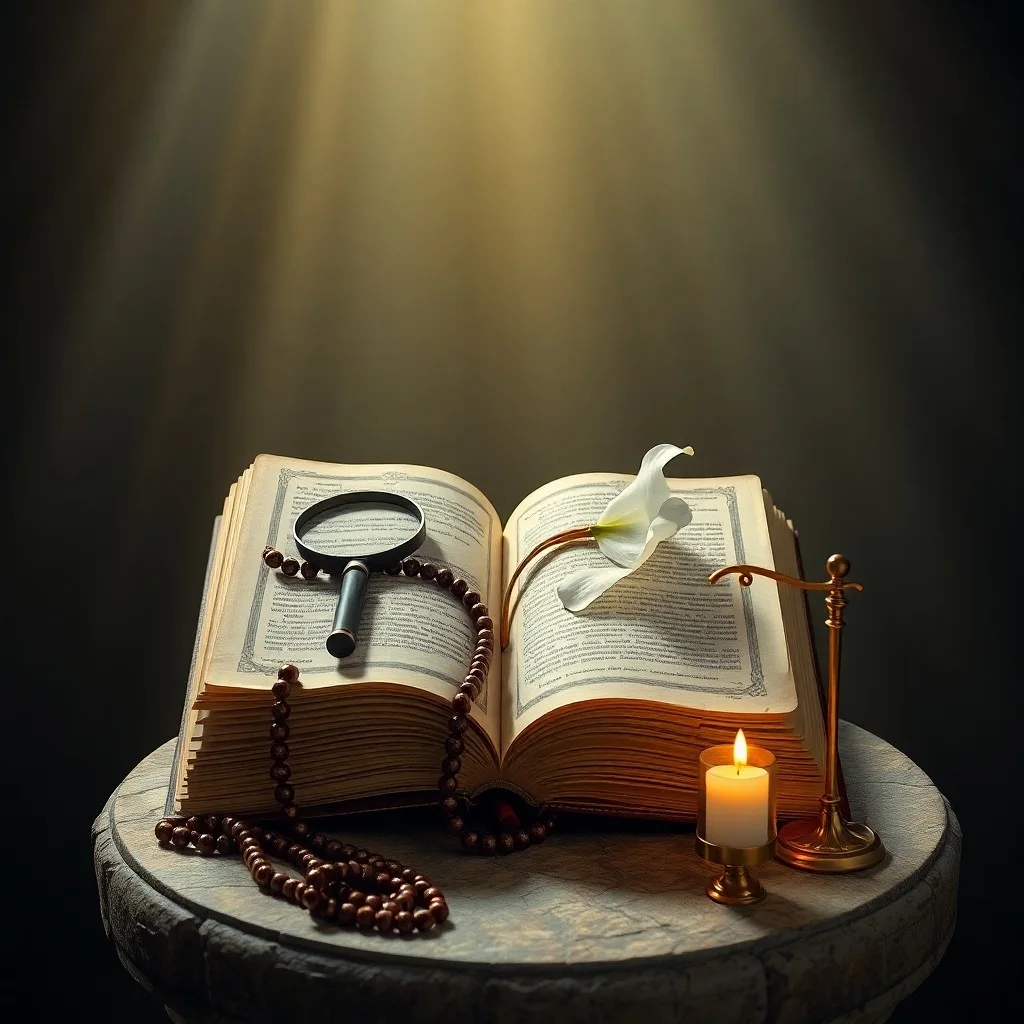 Colección de cartas y documentos antiguos sobre un escritorio de roble, con una pluma y un tintero, bajo la luz de una vidriera, representando la investigación eclesiástica y la tradición.