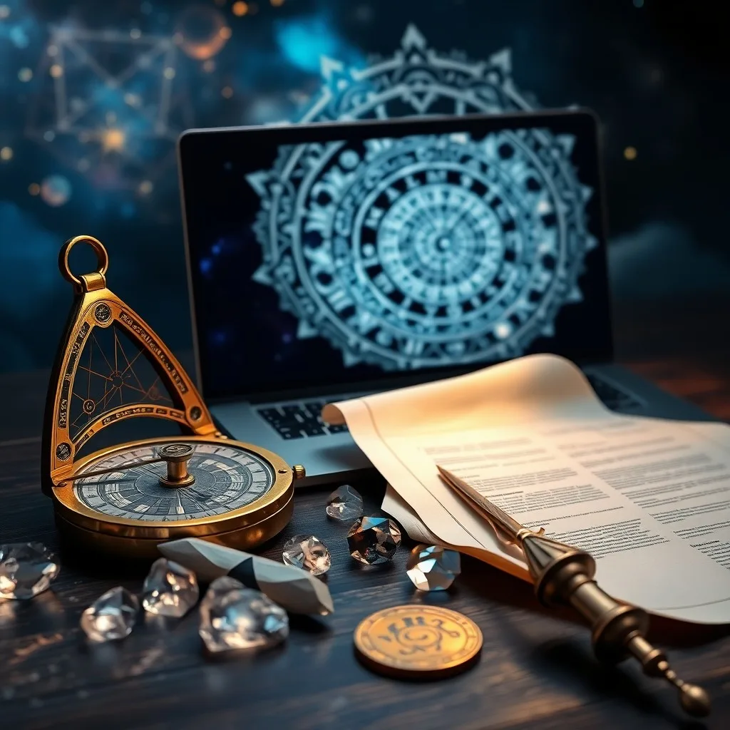Ilustración 3D de una red de conexiones brillantes emergiendo de un libro con símbolos celestes, representando el crecimiento de una red de clientes astrológicos.
