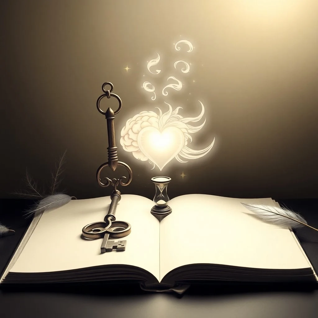 Bodegón de un libro antiguo abierto con cartas astrológicas, un teléfono de disco y notas manuscritas sobre un escritorio de madera, luz ambiental suave.