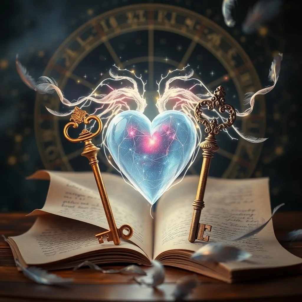 Escultura de cristal de un corazón rodeado por cintas iridiscentes, simbolizando la interacción de la mente y el corazón en las relaciones.