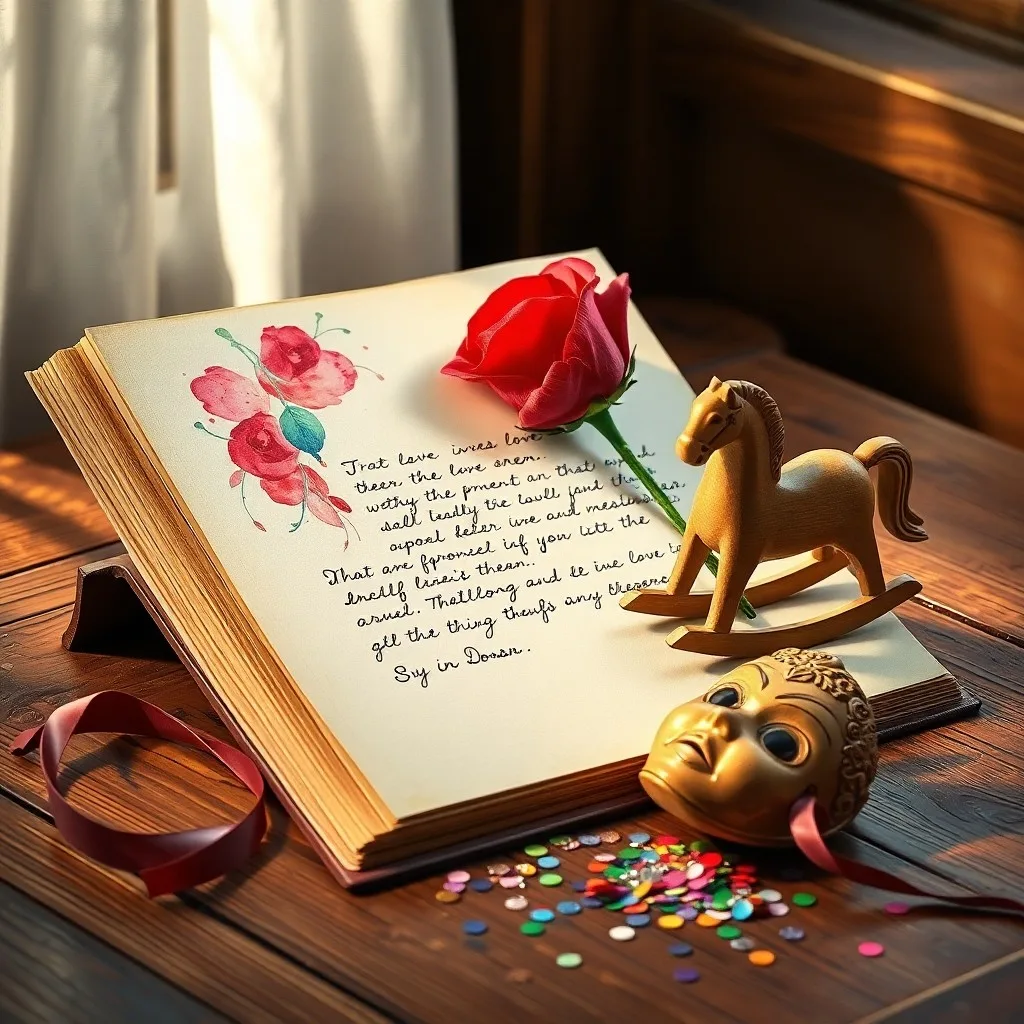 Cinematic Still Life of an antique, open journal on a velvet desk, filled with handwritten poetry and sketches of fantastical creatures. A single, delicate rose petal rests on a page, illuminated by a soft, warm light filtering through a stained-glass window. A small, handcrafted wooden toy sits nearby, suggesting childlike innocence. Focus on texture and mood.