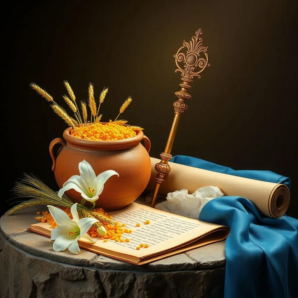 Corona dorada sobre mesa de madera rústica con flor silvestre