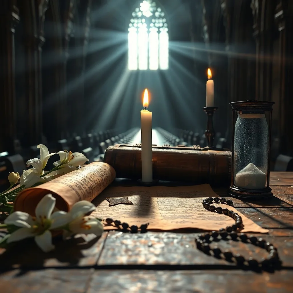 Una vela solitaria parpadea, iluminando antiguos pergaminos con símbolos crípticos y mapas celestiales en una biblioteca oscura. Representa la búsqueda de conocimiento espiritual.