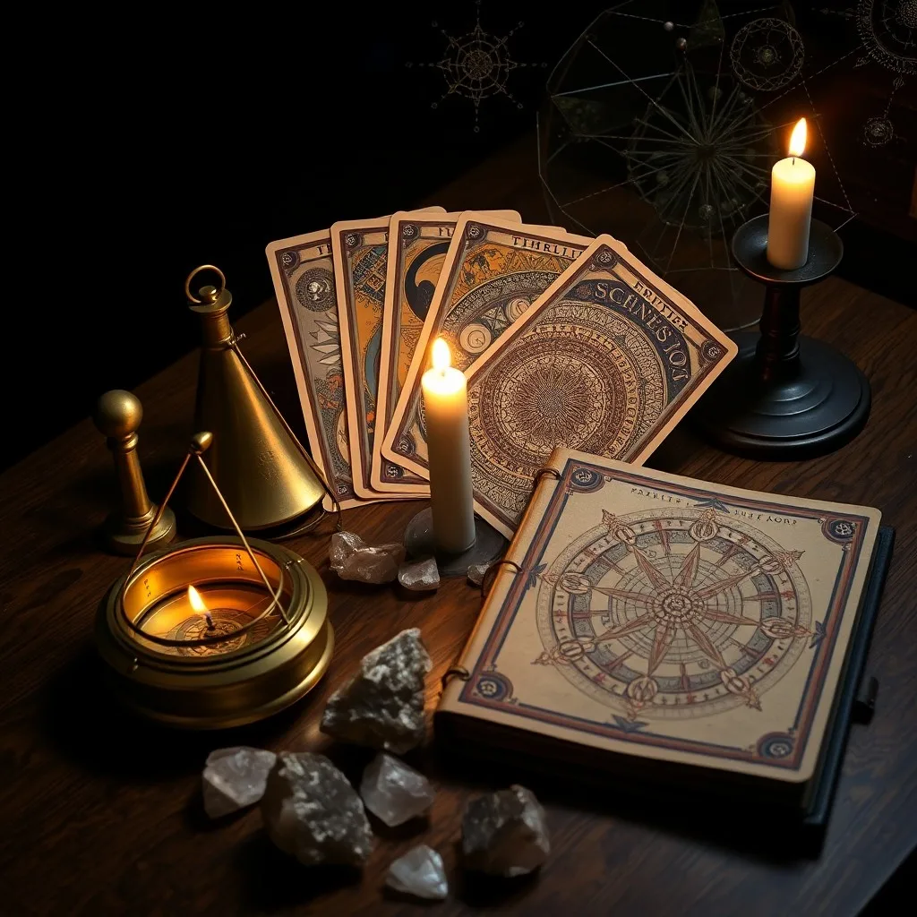 An antique brass astrolabe and a weathered leather-bound grimoire open to a page with astrological symbols, illuminated by a single flickering candle flame in a dimly lit, scholarly chamber. Extreme close-up macro photography.