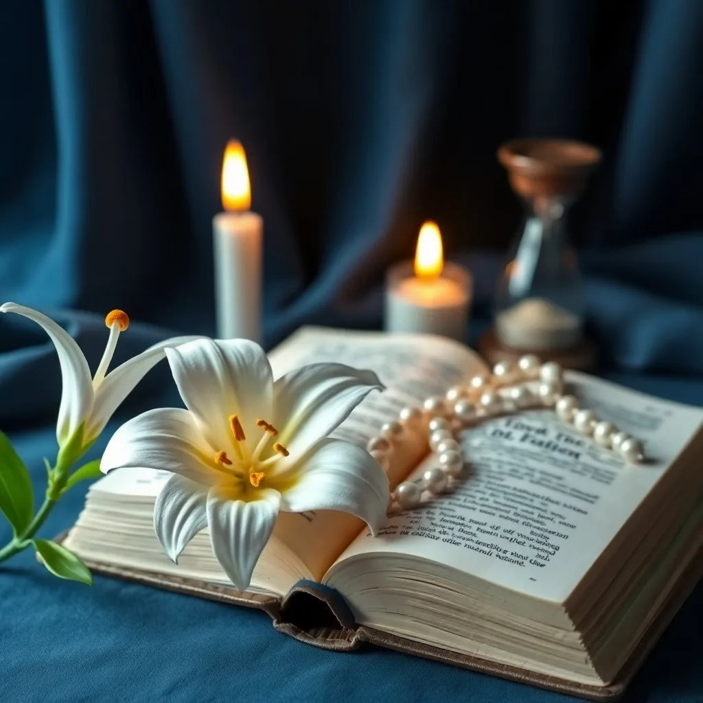 Rosario desgastado y libro de oraciones antiguo sobre una mesa de madera, iluminado por una vela.