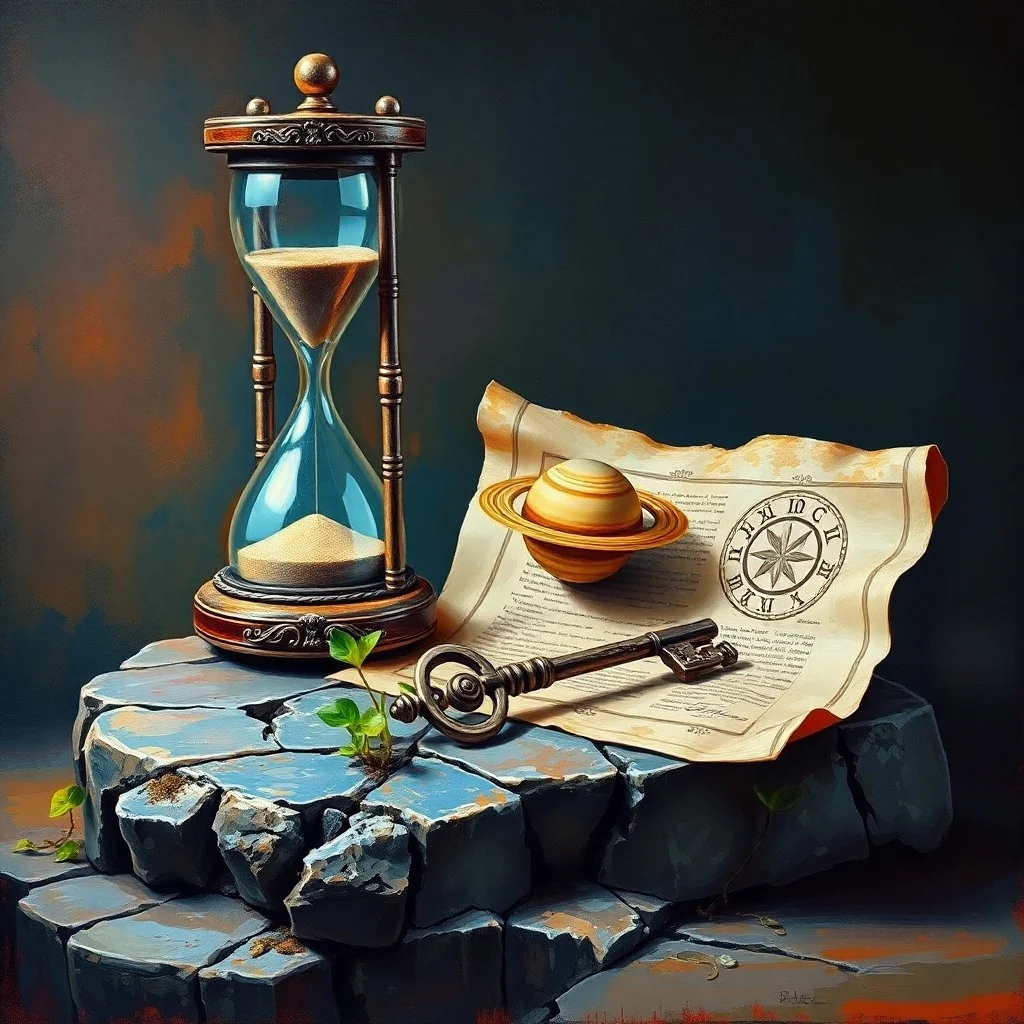 Open journal with astrological symbols, candle, and dark crystals on a wooden table, representing introspection