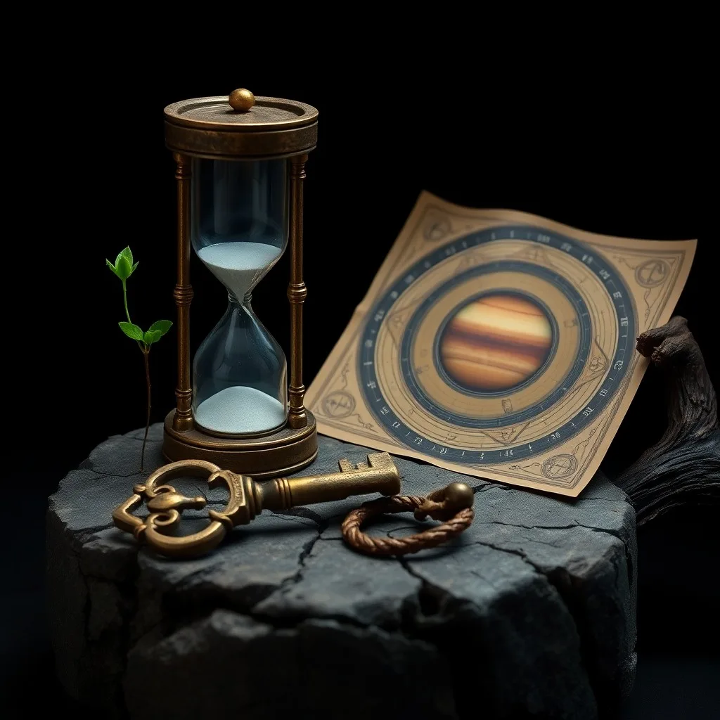 Abstract glowing orb, ancient compass, hourglass, and cosmic dust, symbolizing wisdom and maturity
