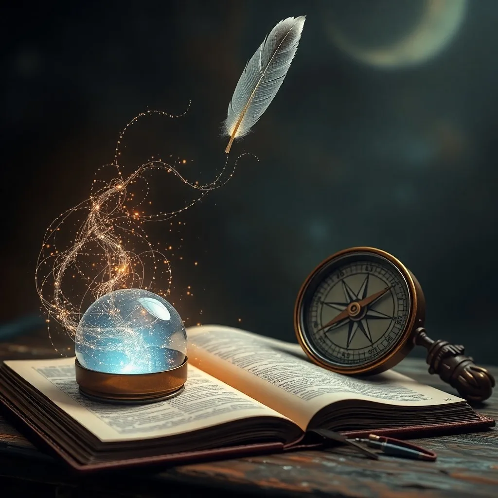 Fotografía de bodegón de un libro antiguo abierto con cartas celestiales en un escritorio de madera desgastado, con una pluma de ave al lado, luz solar entrando por una ventana.